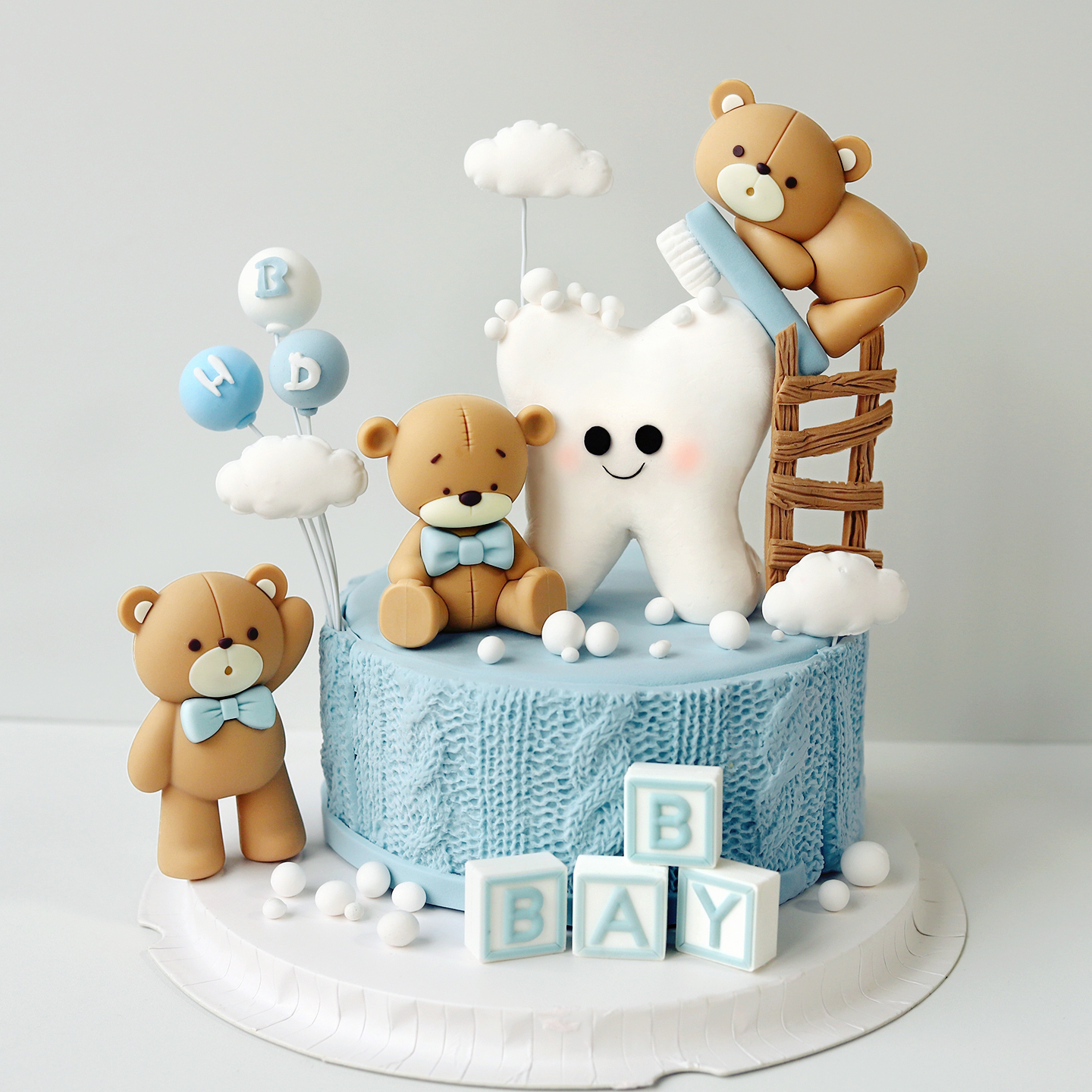 蛋糕装饰软萌可爱蓝色蝴蝶结小熊BABY周岁满月宝宝生日摆件装扮