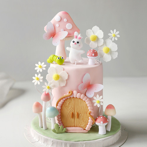 蛋糕装饰可爱小兔子宝宝藤蔓木门小屋蘑菇毛毛虫儿童生日蛋糕插件
