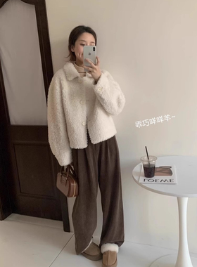 韩系100绵羊羔毛2025冬季新款羊剪绒皮毛一体皮草外套女翻领短款