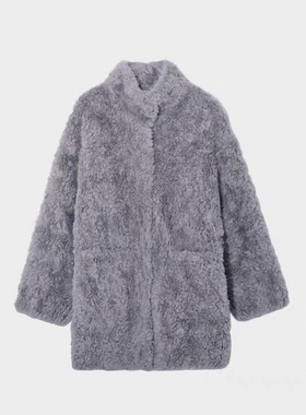 灰泰迪高级气质保暖100澳毛大外套显瘦中长款立领皮草毛毛毛大衣