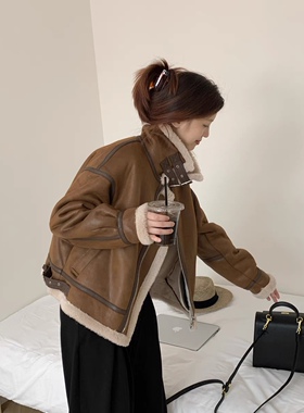 皮毛一体麂皮绒羊羔毛经典韩版时尚机车服皮草外套女2024新款皮草