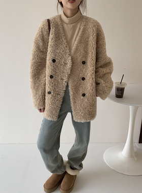 慵懒风软糯韩版羊羔毛毛外套女中长款2024冬皮草外套v领皮毛一体