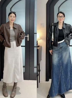 复古时髦秋新款《美拉德复古哑光PU夹克》翻领廓形短款皮衣外套