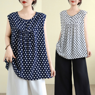 新款 背心遮肚上衣女背心棉绸衫 大码 百搭波点无袖 胖MM圆 女装 夏季