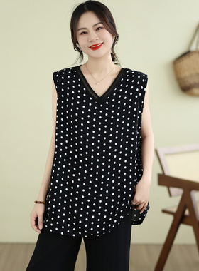 黑色波点无袖V领上衣显瘦大码女装妈妈装宽松T恤夏季新款棉绸衫女