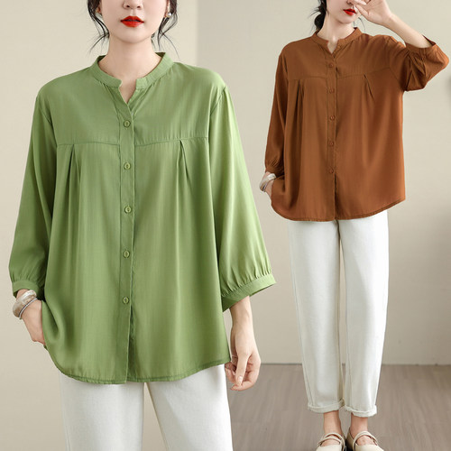 韩版大码女装宽松遮肚七分袖开衫胖MM防晒衫初秋新款棉绸上衣衬衫