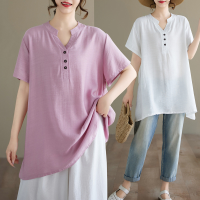 夏新款T恤胖mm上衣女宽松T恤A摆显瘦中长款V领开扣230斤大码女装