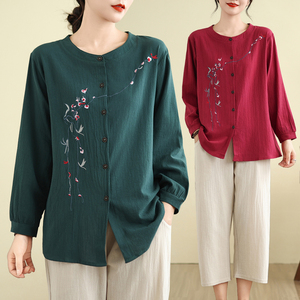 2024秋季新款民族风棉麻刺绣衬衫女宽松大码长袖上衣中老年妈妈装