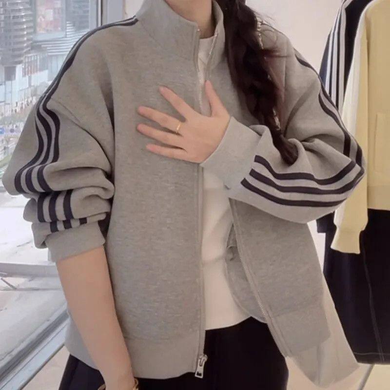 春秋新款复古运动风立领拉链卫衣女宽松条纹袖休闲百搭开衫外套潮