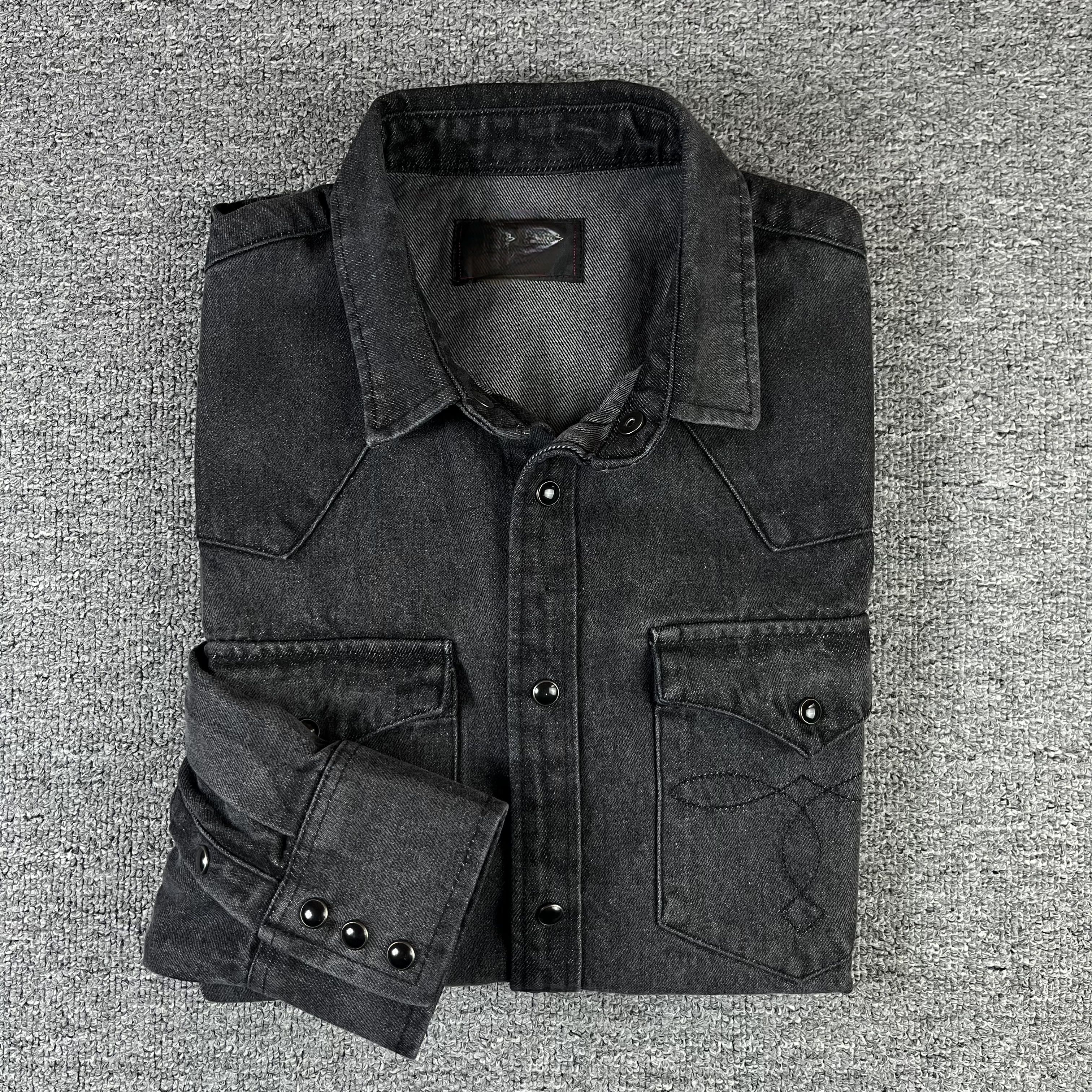 RRL 西部牛仔衬衫 复古水洗做旧刺绣男士黑灰色经典按扣衬