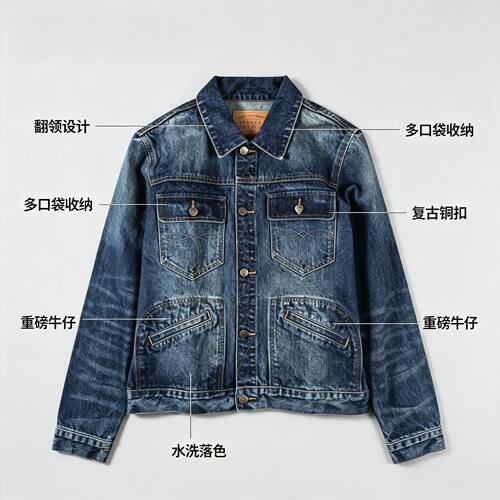 多口袋皮牌水洗机车夹克