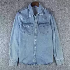 Special Double R Washed Vintage Denim Shirt Embroidered Pocket Western Thickened Workwear Snap Button Jacket