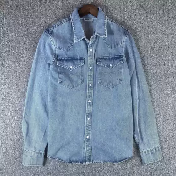 Special Double R Washed Vintage Denim Shirt Embroidered Pocket Western Thickened Workwear Snap Button Jacket