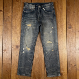 复古直筒破洞牛仔裤 男黄泥色泼墨做旧水洗RRL口袋刺绣