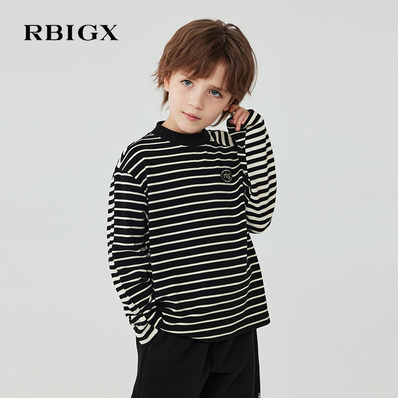 瑞比克学院风条纹磨毛长袖T恤