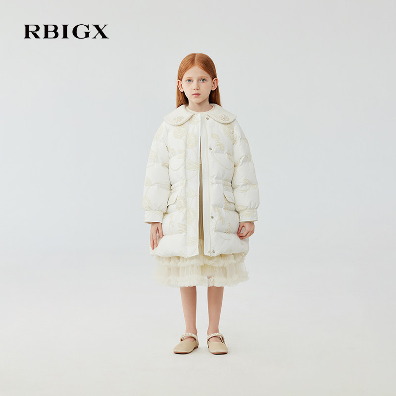 RBIGX瑞比克童装2025冬季新款学院风云朵刺绣毛领女童羽绒服外套