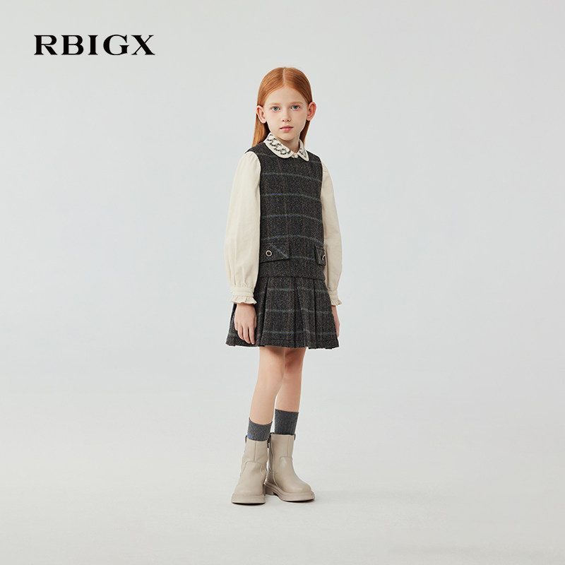 RBIGX瑞比克童装冬季新款纯羊毛学院风复古格纹女童背心裙连衣裙