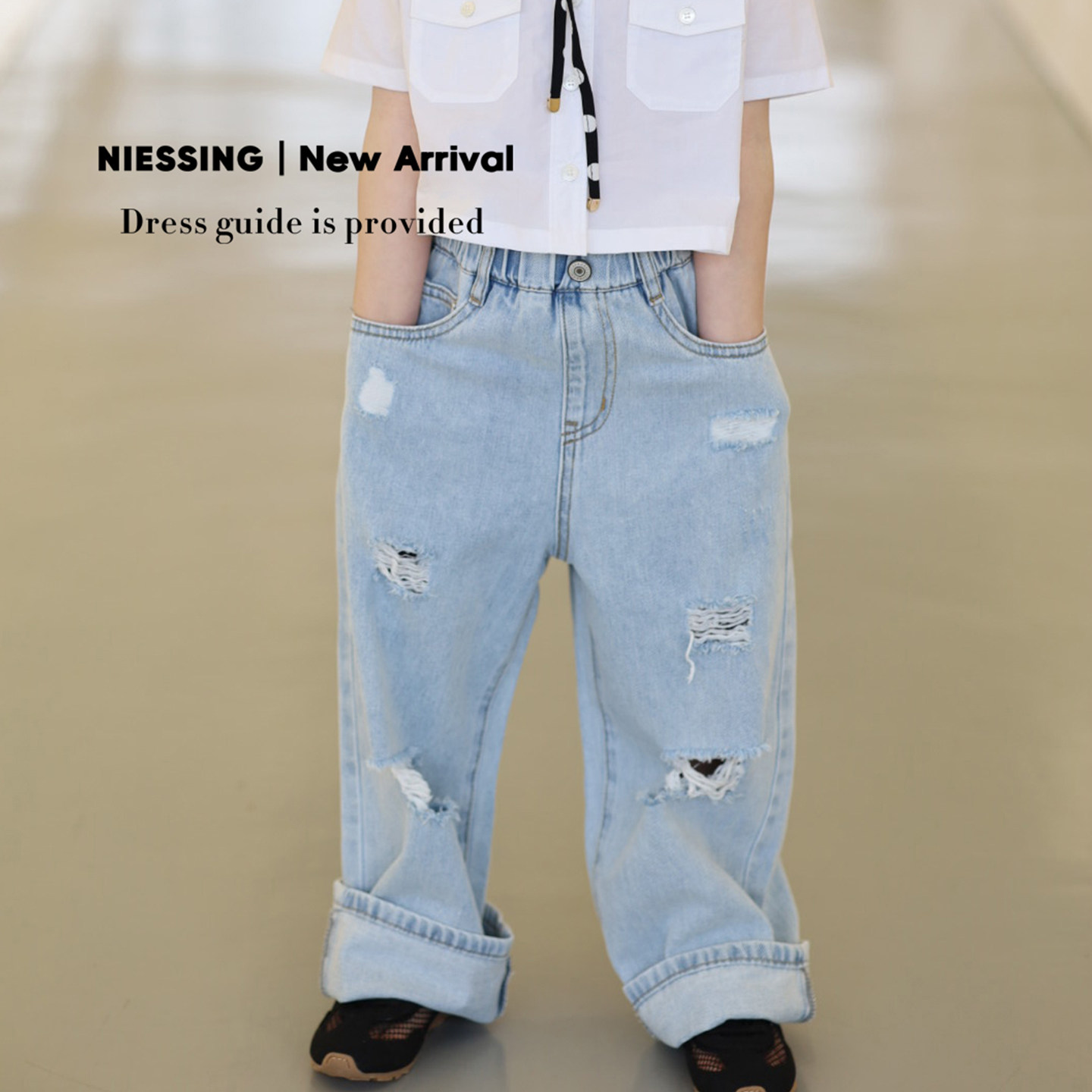NIESSING尼辛童装春季新款纯棉美式高街破洞牛仔裤直筒宽松阔腿裤,童装/婴儿装/亲子装,儿童牛仔裤,淘宝优惠券,粉丝福利购,淘宝优惠卷