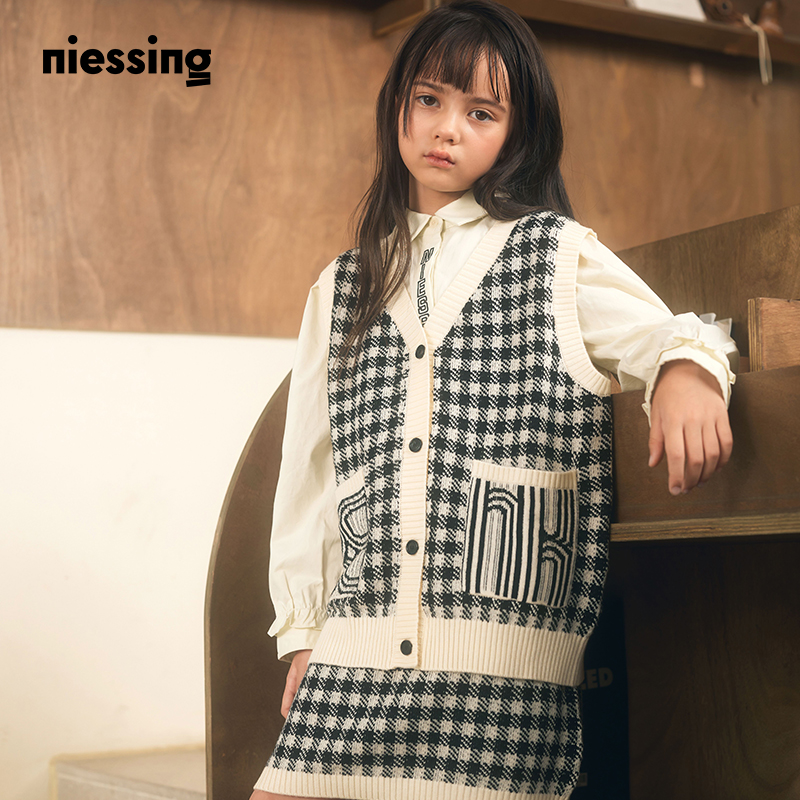 NIESSING尼辛童装秋季新款小香风设计感针织儿童开衫马甲背心