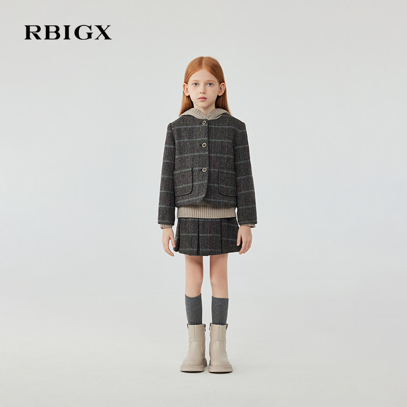 RBIGX瑞比克童装冬季新款学院风复古休闲纯羊毛女童格子半身裙