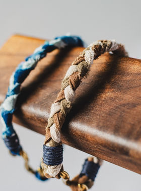 手作配饰草木染布编织手绳黄铜s钩男女情侣手链咔叽中性风褴褛