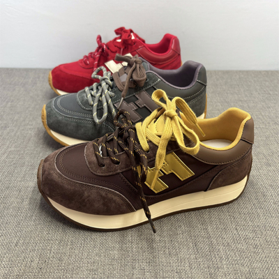 真皮拼接布复古德训鞋女阿甘鞋