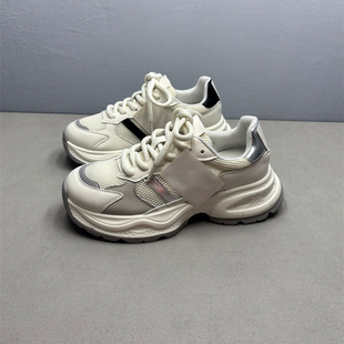 撤柜断码处理真皮拼接网布老爹鞋女夏季百搭厚底舒适运动休闲鞋