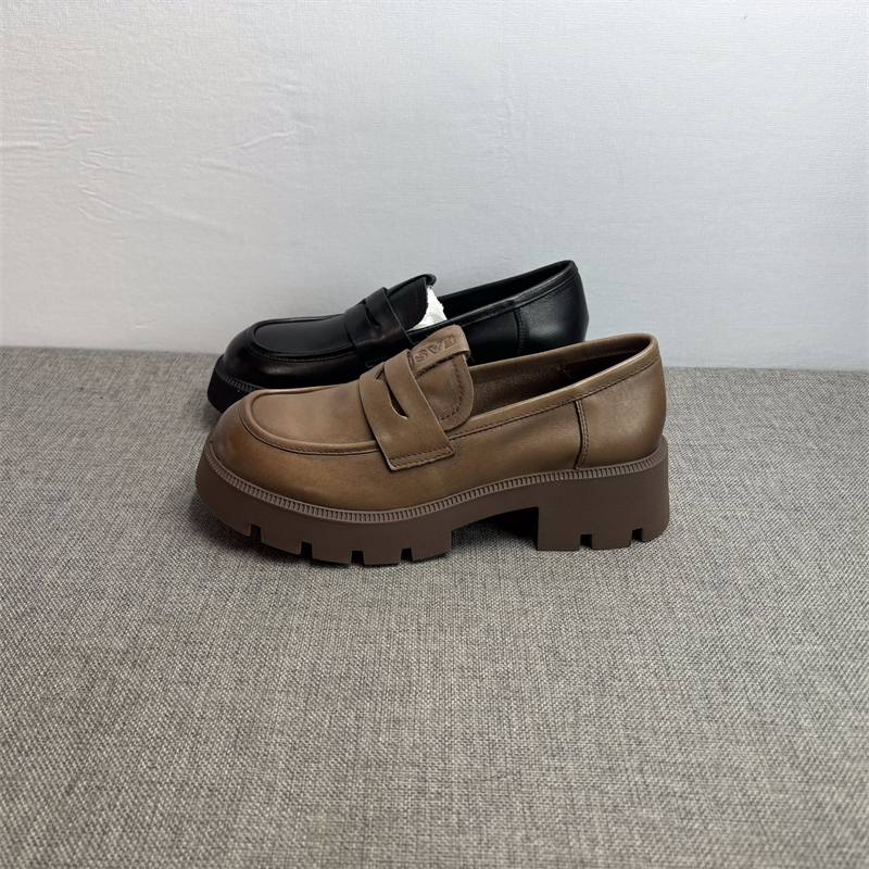 头层牛皮乐福鞋女复古擦色小皮鞋