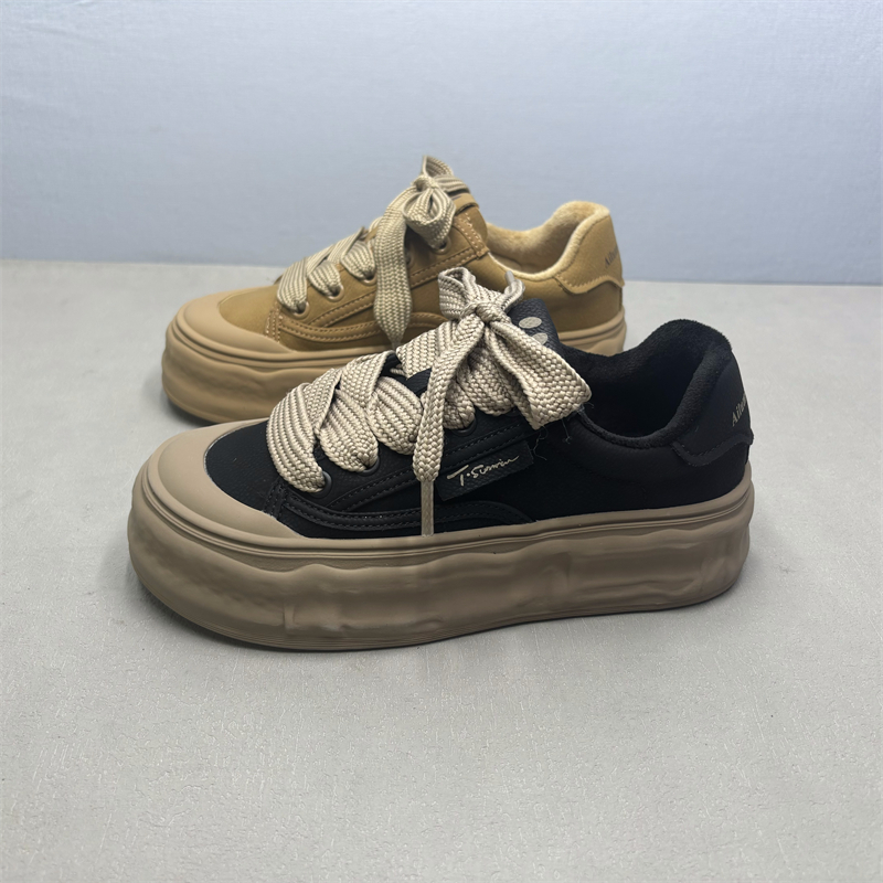 真皮板鞋女秋冬加绒厚底棉鞋