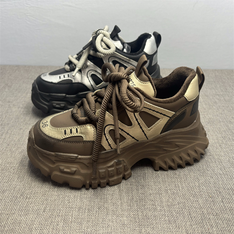 冬季加绒真皮老爹鞋女小个子增高