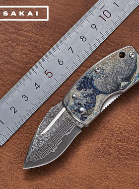 日本原装进口G.sakai大马士革刃浮世绘EDC把玩迷你口袋折刀钱夹刀