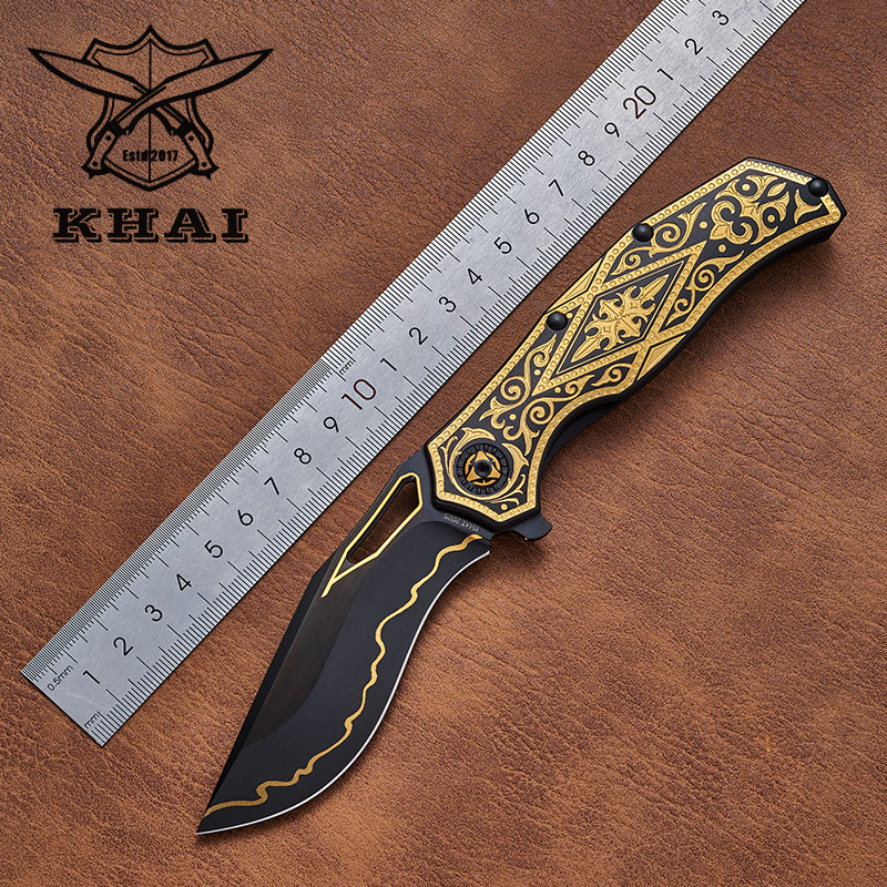 KHAI新款CPM-3V粉末钢高硬度户外艺术折刀金夜曲鎏金工艺便携EDC
