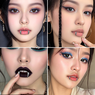 万圣节cos吸血鬼獠牙恶魔尖牙免穿孔唇环唇夹时尚个性钛钢唇圈