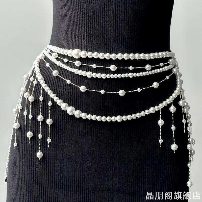仙女仿珍珠腰链各异仿珍珠多层流苏腰链身体链大小错落串珠腰带