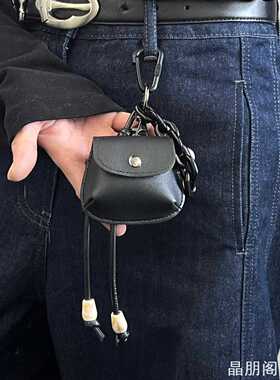 美式街头工装PU耳机包按扣设计粗链条编织绳方珠裤腰穿搭钥匙挂件