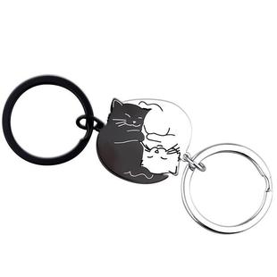 卡通日月黑白猫咪钢制钥匙扣情侣钥匙链可爱背包挂件装饰挂件