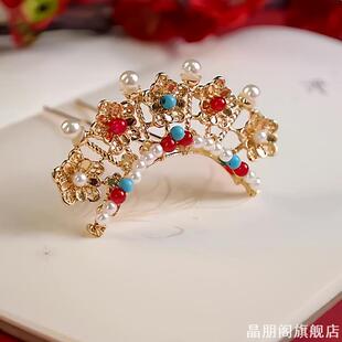 古风发饰女童汉服红色飘带流苏发夹发冠发钗头饰古风明制配饰套装