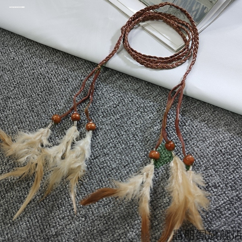 羽毛长裙黑色编织腰链简