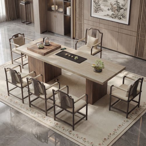 中古风2025新款高端办公室茶桌家用茶台胡桃色洞石岩板客厅茶桌