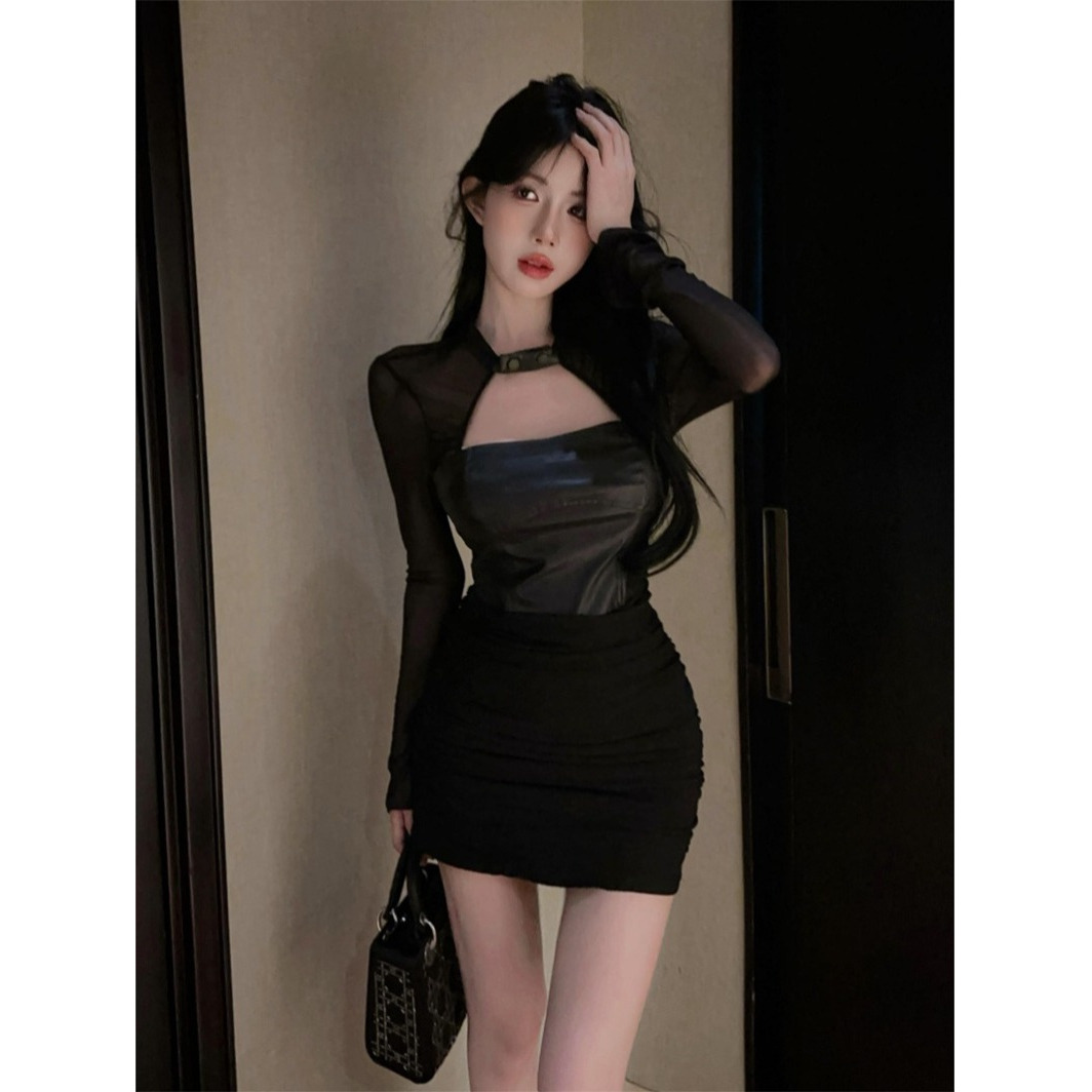 大码法式气质黑色网纱连衣裙