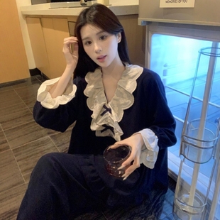 大码 女装 胖mm宫廷风蕾丝花边可外穿睡衣春秋季 甜美可爱家居服套装