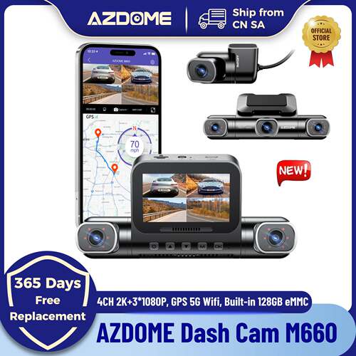 AZDOME Dash Cam M660 2K+3*1080P 4CH Car DVR GPS 5G Wifi 128G