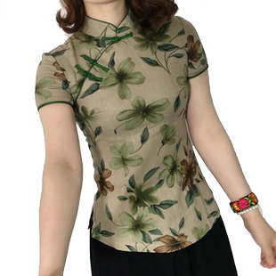 中国风复古棉麻修身盘扣女装改良短袖旗袍上衣中式短款唐装茶艺服