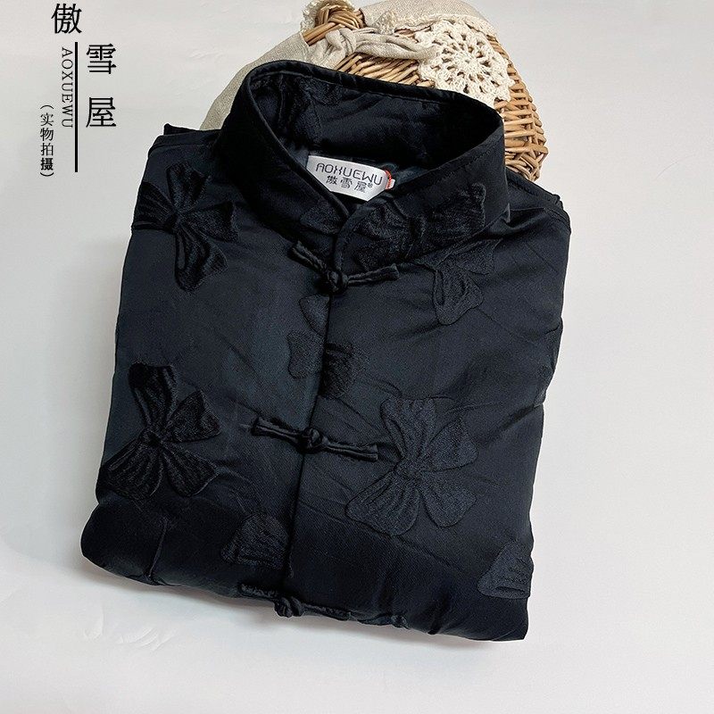 傲雪原创冬季中式旗袍上衣女对襟黑色显瘦百搭夹棉唐装上衣礼服