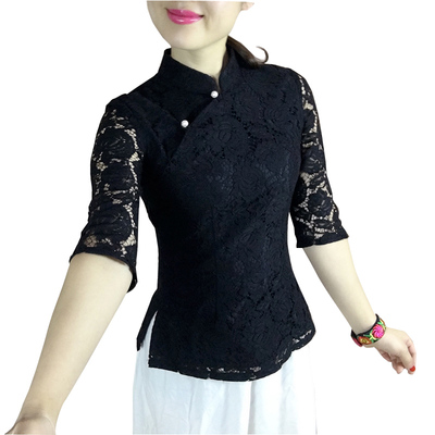 傲雪屋秋冬中国风蕾丝七分袖改良修身旗袍式上衣套装 中式唐装女