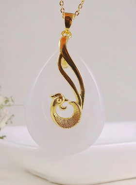 白玉凤凰水滴吊坠女金丝玉银镶