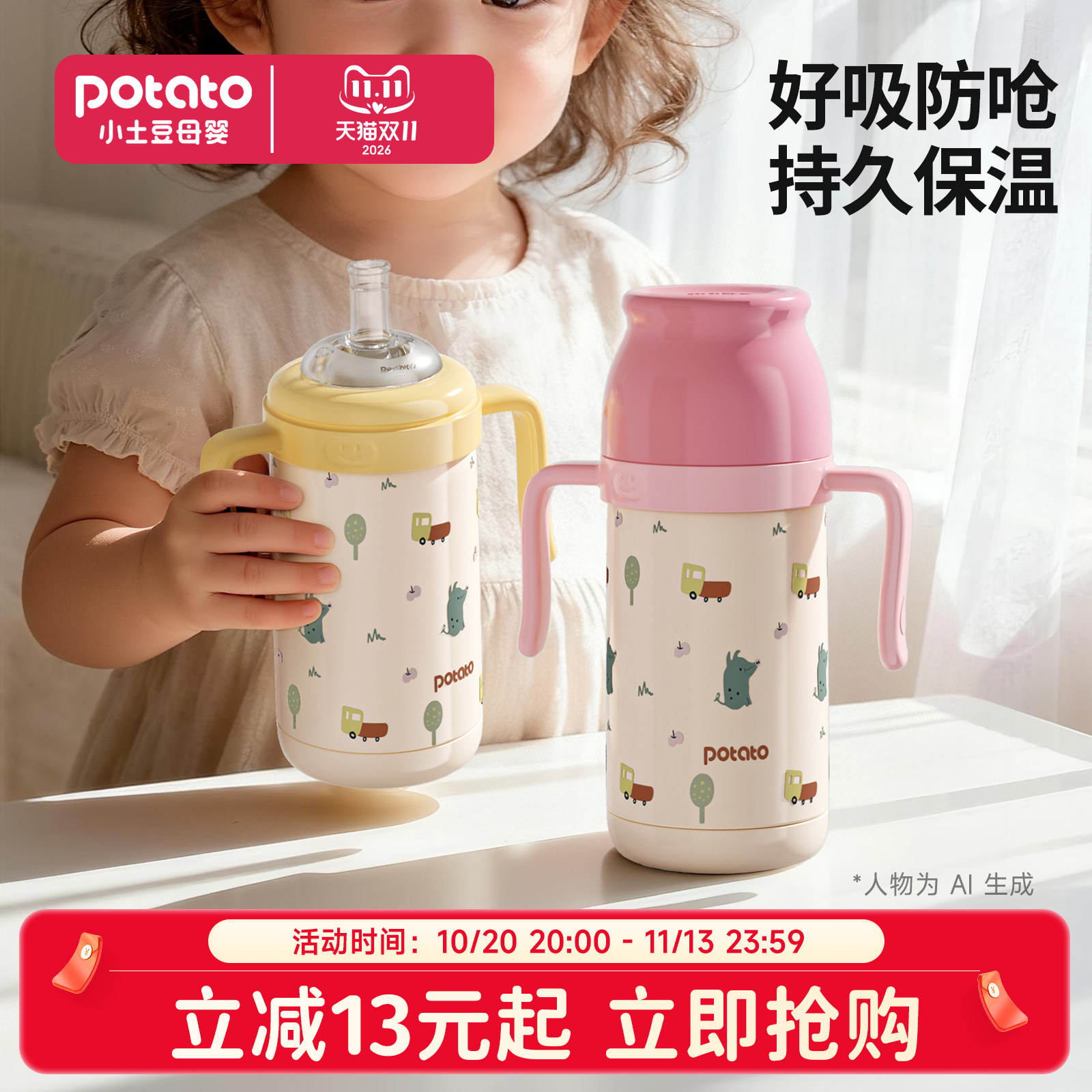 小土豆婴儿保温杯儿童水杯冬季外出鸭嘴奶嘴吸管宝宝专用保温奶瓶