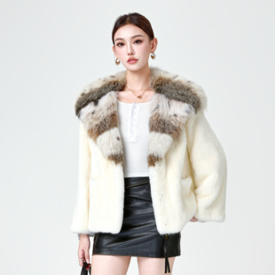 加拿大进口lynx猫天鹅绒短二母貂皮草大衣外套女冬连帽领轻奢韩版