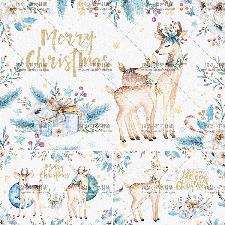 森系手绘水彩圣诞小鹿花环标志请柬贺卡背景 psd png免抠设计素材