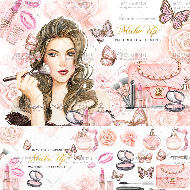 唯美手绘水彩人物彩妆化妆品香水宝宝卡片 PSD+PNG免抠设计素材